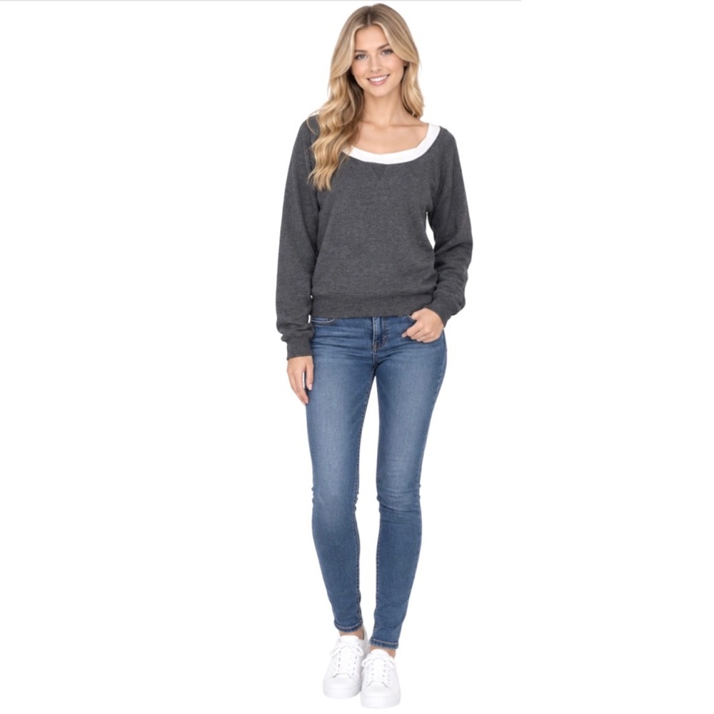 Kenar Gray Cotton Stretch Blend Scoop Neck Sweatshirt Medium
